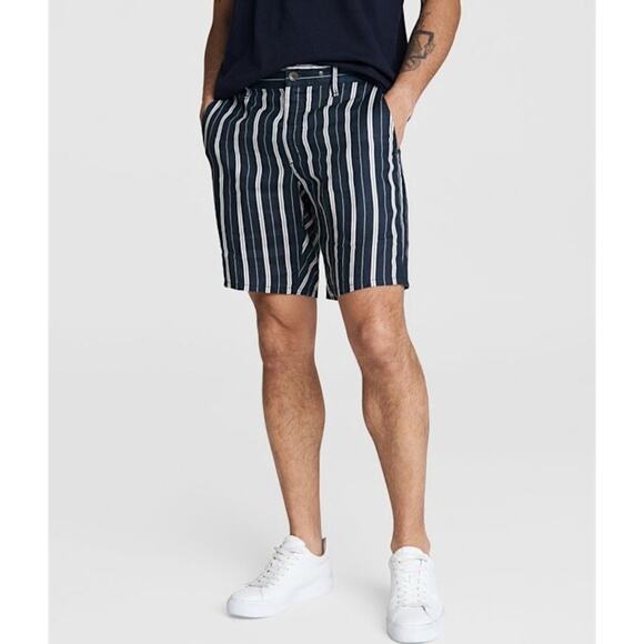 RAG & BONE Perry Linen Blend Shorts Striped Navy Blue Coastal Beach Cruise Lake - Picture 1 of 16